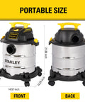 Pro Grade 6 Gallon Wet Dry Vacuum With 4 Peak HP Motor And Stainless Steel Tank In Silver And Yellow, front and back views.