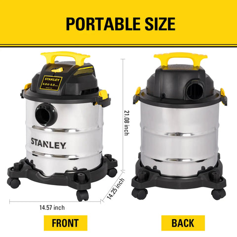 Pro Grade 6 Gallon Wet Dry Vacuum With 4 Peak HP Motor And Stainless Steel Tank In Silver And Yellow, front and back views.