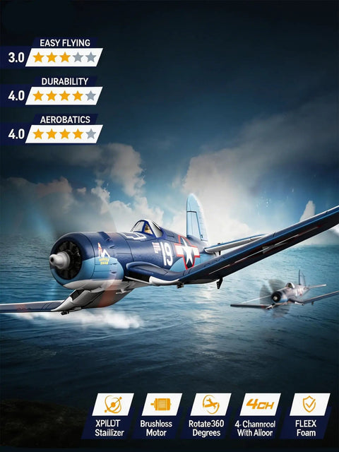 Rad Warbird RC Airplane With 6 Axis Gyro Stabilization flying over water with ratings for ease, durability, and aerobatics.