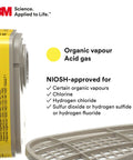 Respirator Cartridge 6003 for Organic Vapors and Acid Gases, 1 Pair, NIOSH-approved, bayonet style with specifications visible