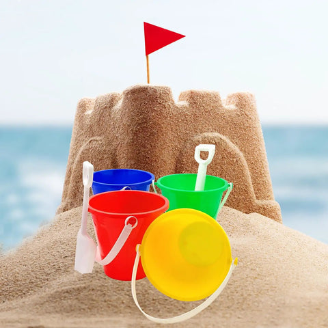 Three Pack Beach Toys Set With 5.25 Inch Buckets And Shovels, Kids Sand Play Pails, colorful pails and shovels with sandcastle 