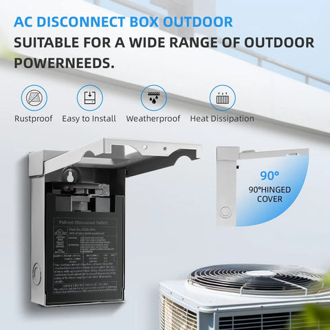 Heavy Duty Outdoor AC Disconnect Switch 30 Amp Pull Out Breaker For 120 240VAC Systems With UL Listing, rustproof design with hinged cover.