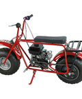 Side view of a red mini bike frame with a 60 Tooth Sprocket for 420 Chain Mini Bike Rear Sprocket 40mm Bore Replacement installed.