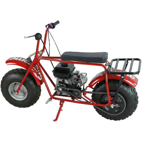 Side view of a red mini bike frame with a 60 Tooth Sprocket for 420 Chain Mini Bike Rear Sprocket 40mm Bore Replacement installed.