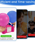 Electric Balloon Pump Inflator, Portable Balloon Blower with Dual Nozzles and Tie Tool, shown inflating balloons quickly.