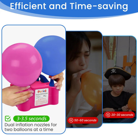 Electric Balloon Pump Inflator, Portable Balloon Blower with Dual Nozzles and Tie Tool, shown inflating balloons quickly.