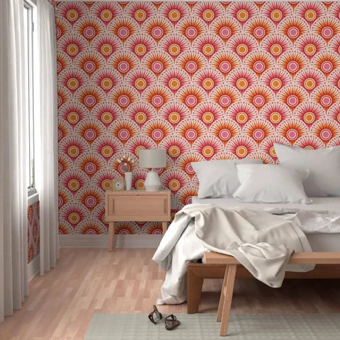 Bold Pink Geometric Sun Wallpaper With Matte Linen Texture Paste To Paper Accent Wall Roll Hella Durable Home Decor in a bedroom.