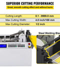 Fully Automatic Heat Shrink Tube Cutter With 250W Electric Blade And Micro Computer Control For Precision Cutting Of Sleeve Rubber Cable Pipe And Film Great For Electronics And Auto Parts Projects In Stainless Steel Build showing cutting specs and steel blade.