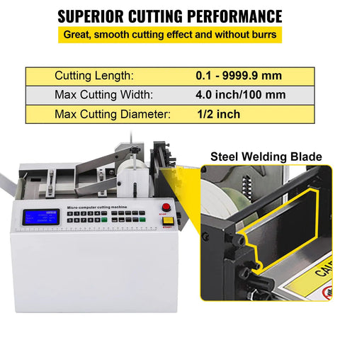 Fully Automatic Heat Shrink Tube Cutter With 250W Electric Blade And Micro Computer Control For Precision Cutting Of Sleeve Rubber Cable Pipe And Film Great For Electronics And Auto Parts Projects In Stainless Steel Build showing cutting specs and steel blade.