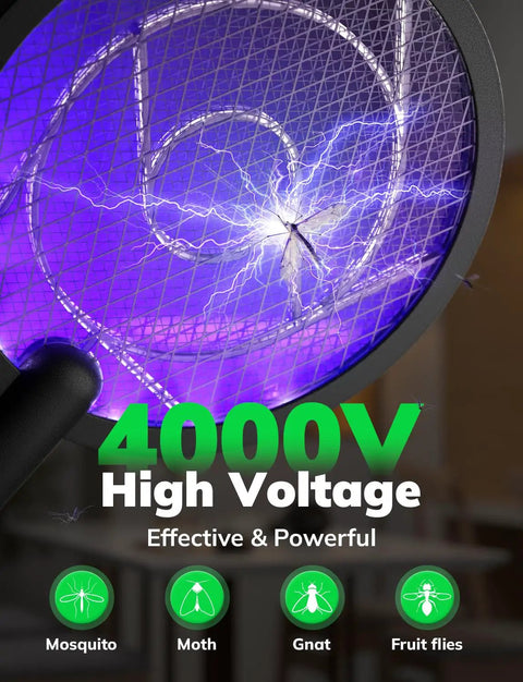 Close-up of Electric Fly Swatter Bug Zapper Racket 4000V with LED screen, showing high voltage grid effective on insects.