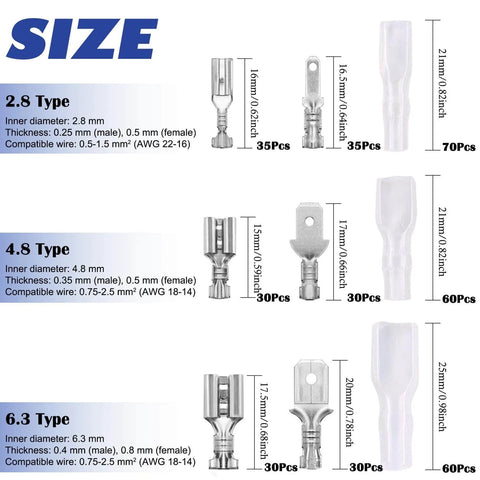 Car Audio Quick Splice Wire Spade Connectors Kit 2.8mm 4.8mm 6.3mm Male And Female Crimp Terminals With Insulating Sleeves 380 Pieces