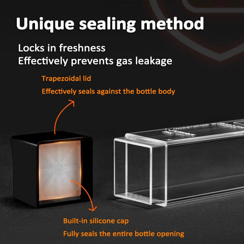 Coffee Bar Game Changer Clear Airtight Bean Storage Jars On Solid Walnut Base Heavy Duty Steel Frame Rack With Six Tubes And Two Funnels Real Deal Countertop Bean Keeper, showing trapezoidal lid and silicone cap.