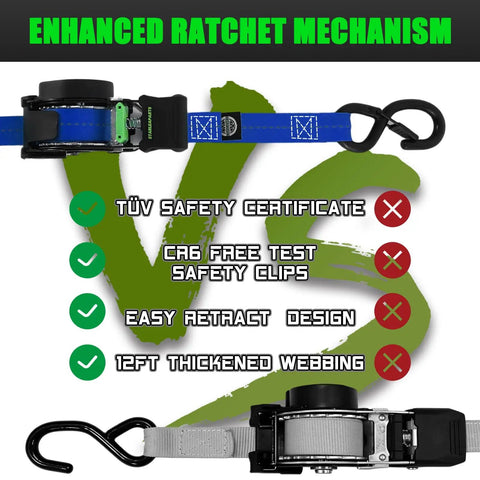 Self Retracting Tie Down Straps Heavy Duty Cargo Ratchet Harness Truck Bed with enhanced ratchet mechanism and 12ft thickened webbing.