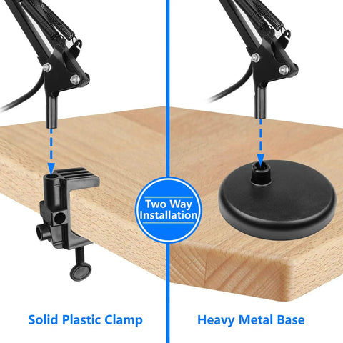 Metal Desk Lamp With Adjustable Arm And Clamp, 18 Inch Extension, Black Finish, UL Listed, showing clamp and base mount options