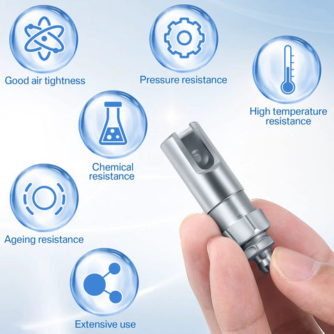 Hand holding right angle grease gun coupler 1/8 NPT with resistance features displayed