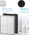 Plug And Play Replacement Filter Pack For AP450 And AP510 Air Purifiers With True HEPA Filter And Four Carbon Filters, Compatible With Whirlpool Whispure 8171434K 1183054K 1183054 AP300 AP350 AP450 AP510, 1 Year Supply showing HEPA and charcoal filter comparison.