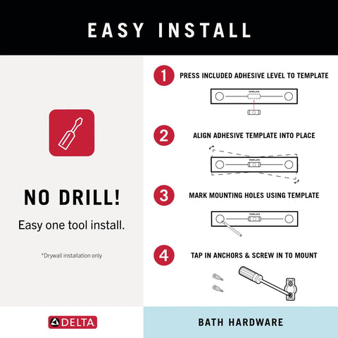Installation guide for Arvo 4 Piece Bathroom Hardware Set with no-drill adhesive template and step-by-step instructions.