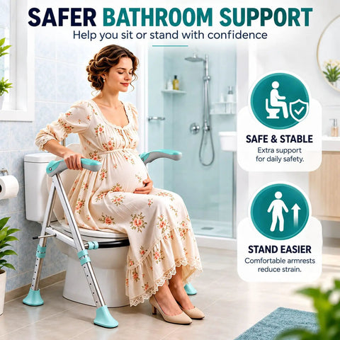 Super Sturdy Toilet Safety Rails For Seniors Heavy Duty Adjustable Bathroom Grab Bars With Non Slip Cyan Handle Providing rock solid stand up assist for elderly and mobility limited adults needing steady home support.