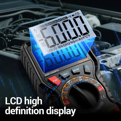 6000 Counts Magnetic Digital Multimeter With Auto Ranging And High Resolution For Automotive Use, showing LCD display.