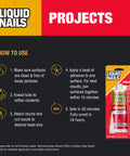 Liquid Nails heavy duty construction adhesive bottle with instructions for small projects and repairs, 4oz size, waterproof bonding glue.