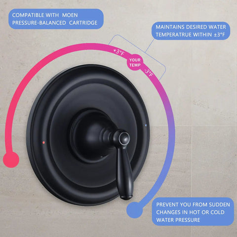 Pressure Balancing Tub And Shower Trim Kit For Posi-Temp Valve In Matte Black, Durable Metal Construction, Easy-Adjust Lever Handle With Red Blue Temperature Indicator, Aftermarket Trim Kit Only, Valve Not Included