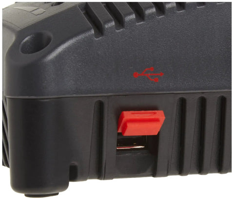 Close-up of BC1121 Universal 12V And 20V Lithium Ion Battery Charger case with USB port and red latch.