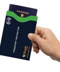 Hand holding navy RFID Blocking Travel Sleeves Set With Color Coding Navy Blue Unisex Wallet Keeps Your Cards And Passports Safe From Skimming And Identity Theft While On The Go passport sleeve
