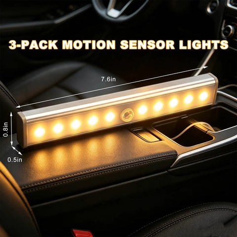Pack Of Three Motion Activated Rv Step Lights With 10 Bright Leds And Instant Trigger on a car center console showing size.
