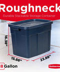 Heavy Duty 18 Gallon Storage Tote Set With Lids And Handles, Stackable Plastic Bins, 6 Pack, dimensions shown, made in USA