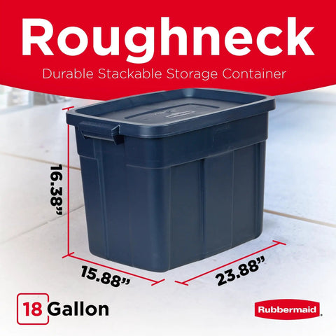 Heavy Duty 18 Gallon Storage Tote Set With Lids And Handles, Stackable Plastic Bins, 6 Pack, dimensions shown, made in USA