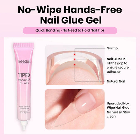 No-wipe hands-free nail glue gel next to diagram showing application on clear nail tip for secure adhesion.
