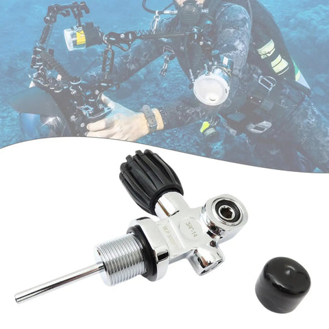 High Pressure 3000 Psi Scuba Regulator Valve, stainless steel, rubber handle, diver with camera in background