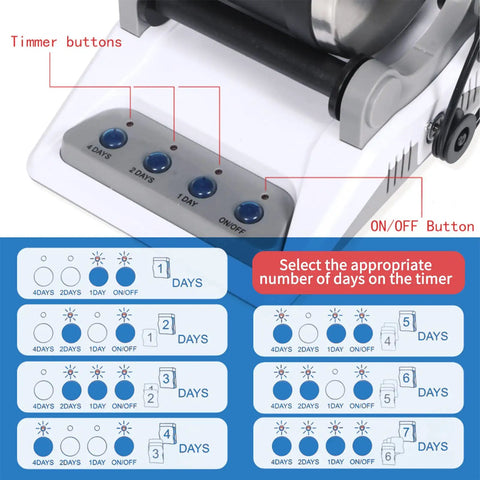 Close-up of timer buttons on the DIY rock tumbler kit with seven day timer, featuring two belts and grit stages for dazzling gemstones.