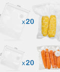 40 Piece Reusable Vacuum Sealer Bags With Air Valve For Food Storage And Sous Vide 20 Large And 20 Small Bags filled with corn and carrots