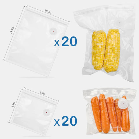 40 Piece Reusable Vacuum Sealer Bags With Air Valve For Food Storage And Sous Vide 20 Large And 20 Small Bags filled with corn and carrots