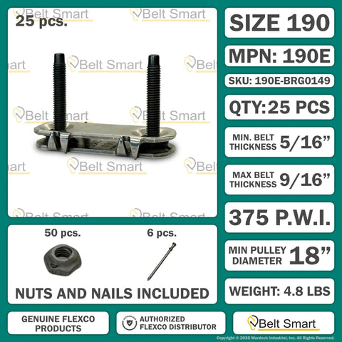 Heavy-Duty 190E Quick-Fit Conveyor Belt Fasteners Set, Steel, Box Of 25, For 5/16 To 9/16 Inch Belts, Includes Bonus Belt Repair Gauge