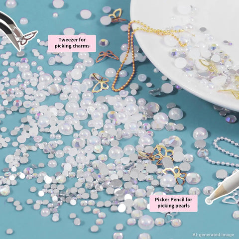 Nail Art Glitter Kit Multicolor 3D Charms For DIY Nails, showing pearls, butterfly charms, with tweezer and picker pencil on blue surface.