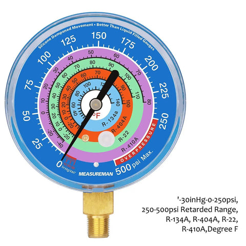 Refrigeration Pressure Gauge Kit With 3-1/8 Inch Dial, Dual Color Blue And Red Dials, 1/8 NPT Lower Mount, -30inHg To 0-250psi, 250-500psi And 0-800psi, For R-134a R-404A R-22 R-410A HVAC Pros brass lower mount gauge