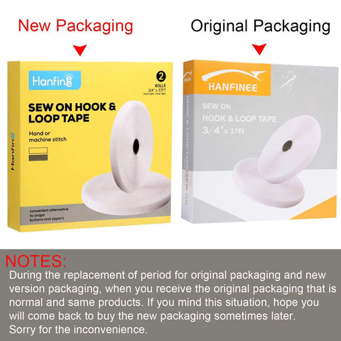 Heavy-Duty Sew-On Hook And Loop Tape Duo - Killer 3/4 Inch White Strips displayed in new and old packaging side by side.