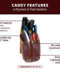 Pocket Caddy For Tools With Four Pockets And Tool Holders Belt Clip Fits Up To Two Inches Wide Lightweight Brown Made In USA