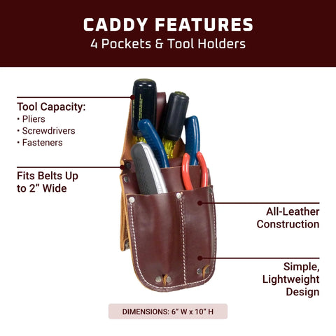 Pocket Caddy For Tools With Four Pockets And Tool Holders Belt Clip Fits Up To Two Inches Wide Lightweight Brown Made In USA