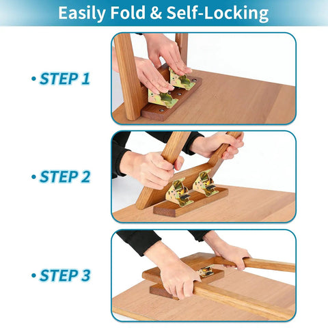 Heavy Duty Steel Folding Brackets Self Locking 90 Degree Hinge Kit With Mounting Screws for Tables, showing assembly steps with hands.