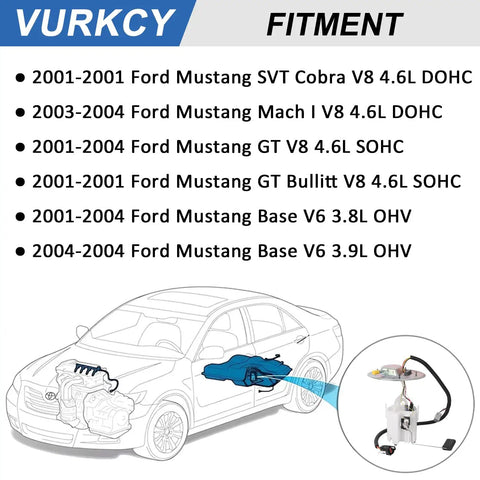 Heavy Duty Electric Fuel Pump Module Assembly For 2001 To 2004 Ford Mustang fitment diagram showing various models.