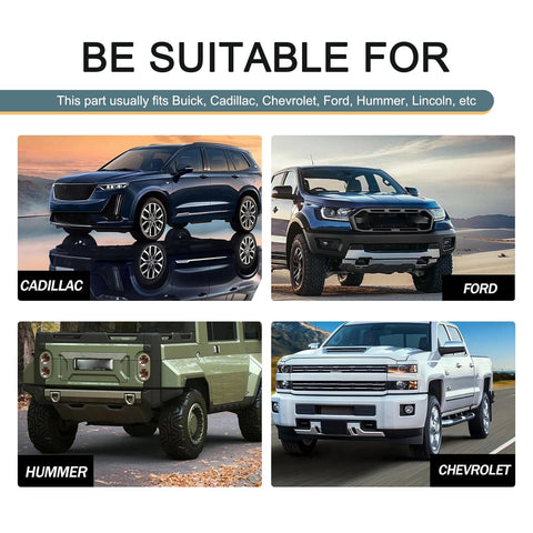 Four vehicles: Cadillac, Ford, Hummer, Chevrolet, part compatible with Two Pack Car Heater Hose Fittings And Quick Connect Coolant Connectors.
