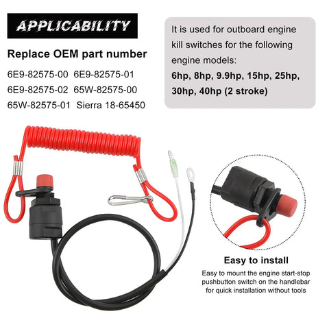 Boat Kill Switch Lanyard With Emergency Stop Cord for Outboard Engines Replacement shown with mounting instructions.