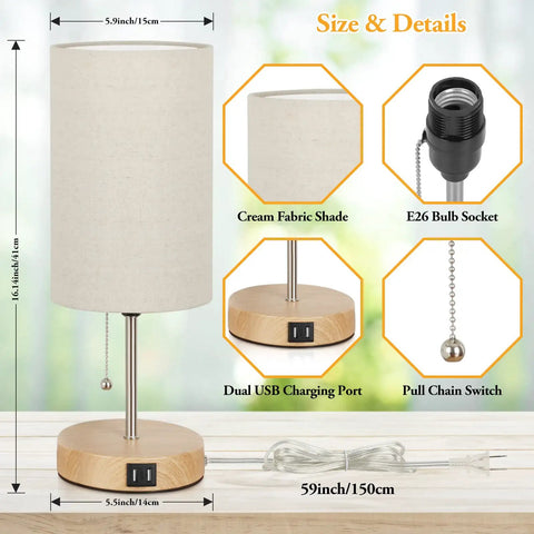 Two Pack Table Lamps With USB Ports For Living Room Bedroom Office Modern Bedside Nightstand Lamps Dope Cream Fabric Shade Oak Metal Base With Pull Chain For Reading Dorm Hotel