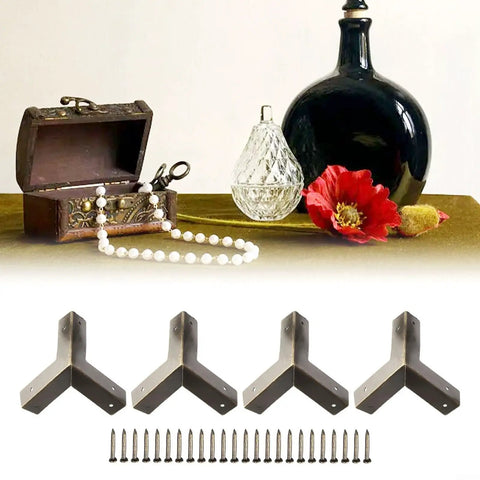 Antique Bronze Corner Protectors For Jewelry Boxes And Wooden Chests, 33mm Zinc Alloy Hardware With Nails displayed with vintage decor