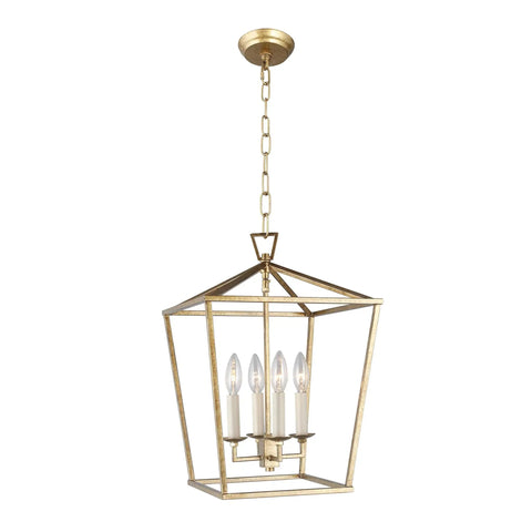 Pendant Light Lantern With Industrial Iron Art Design Vibe Four Head Candle Style Chandelier Ceiling Fixture For Hallway Kitchen Dining Room Bar Or Restaurant In Aged Gold Finish, wrought iron, aged gold, four candle lights