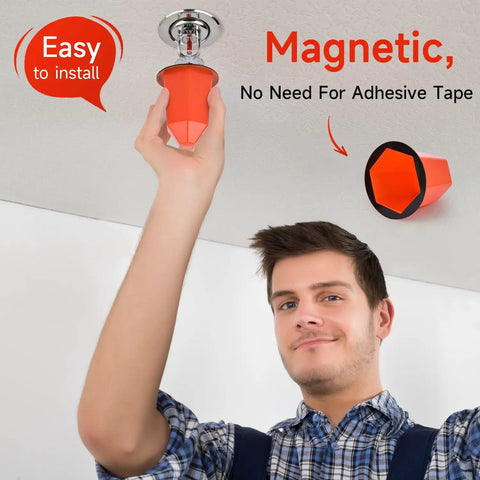 Orange Fire Sprinkler Paint Covers 30 Pack Ceiling Guard Caps Snaps Right On Pro Heavy Grip renovation masks in use.