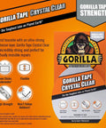 Gorilla Tape Crystal Clear package with features and benefits for strong adhesive, waterproof repairs, and outdoor use.